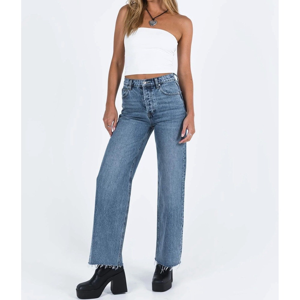Princess Polly Fawcett‎ High Rise Straight Jeans Mid Blue Wash Raw Edge Hem Sz 2 - Picture 2 of 15